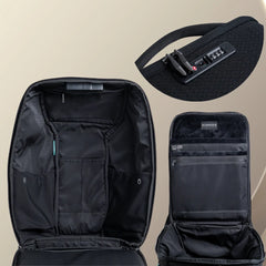 Scapade AirPack opened like a clamshell, showing the padded compartments, the hidden TSA lock and the front organiser pocket
